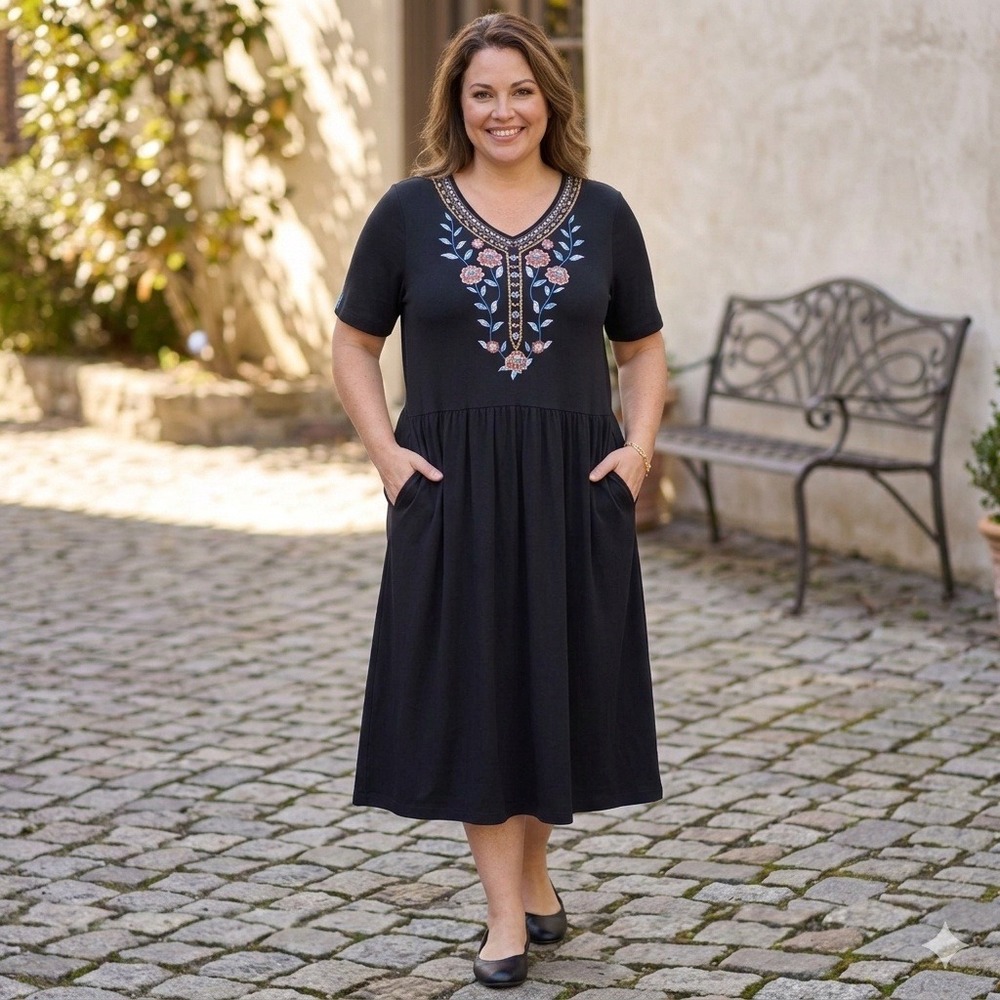 UltraSofts Midi Dress Womens Large Black Embroidered Floral V-Neck Pockets Comfy